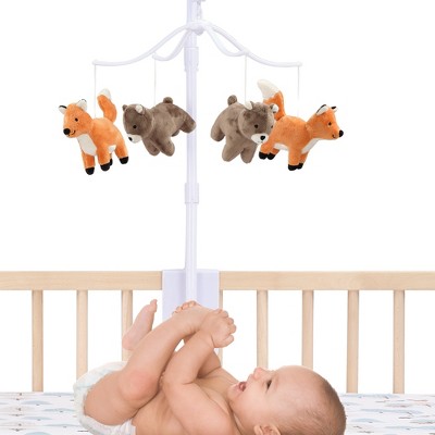 Rust and Brown Velour Fox and Bear Musical Crib Mobile