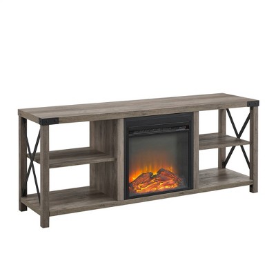 60" Farmhouse Metal X Fireplace Console Gray Wash - Saracina Home