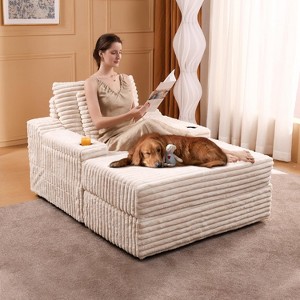 Oversized Chaise Lounge Chair with Storage Ottoman, Upholstered Corduroy Sofa Bed Cloud Couch with 3 Pillows - 1 of 4