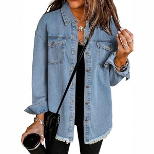 Coolmee Women Casual Lapel Buttons Turned-Up Long Sleeve Denim Jacket With Front Fake Pockets - 1 of 3