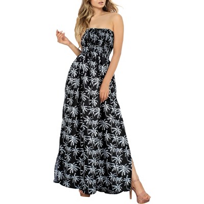 LA LEELA Women's House Daily Routine Evening Wear Boho A line Slit Maxi Dress Smocked Top Evening Long Tube Dresses for Women One Size Black, Tree