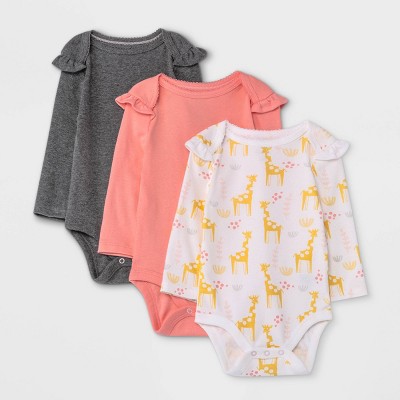 Image of Baby Girls' 3pk Basic Ruffle Long Sleeve Bodysuit - Cloud Island™ Coral Newborn
