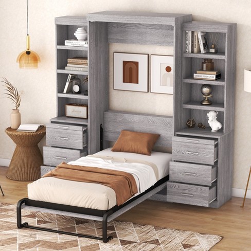 Twin bed with storage store and shelves