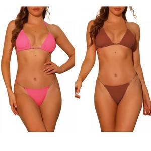 Elerevyo Women's Chain Halter Ribbed Lace Up Tie Back Triangle Bottoms Swimwear Bathing Suits 2 Sets - 1 of 4