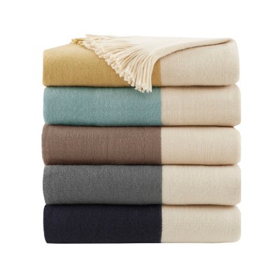 Halmstad Aqua Color Block Fringed Faux Cashmere Throw 50"x60"