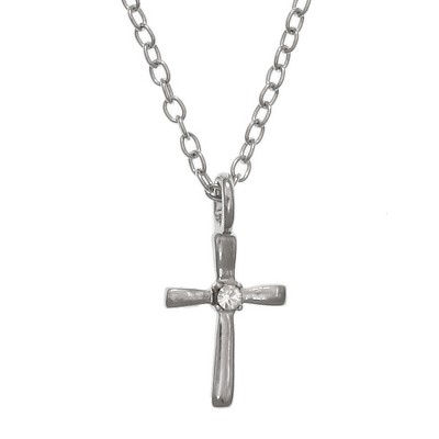 FAO Schwarz Sterling Silver Cross Pendant Necklace with Crystal Stone Accent