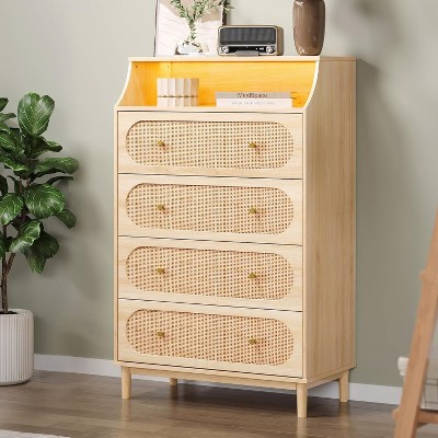VINGLI 4 Drawer Rattan Dresser, Chest of Drawers, Boho Dresser for Bedroom, Wood Storage Chest of Drawers
