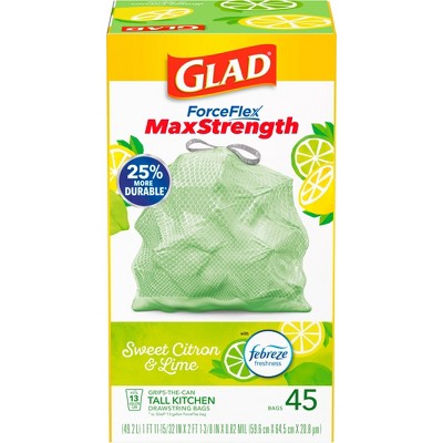 Glad Tall Kitchen Drawstring Grey Trash Bags - ForceFlex Plus with Clorox, Lemon Fresh Bleach Scent (13 gal, 120 Ct.)
