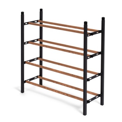 Juvale 4 Tier Expandable Stackable Shoe Rack, 24"-45" Shelf Organizer for Entryway, Black Metal & Oak Grain, Free Standing