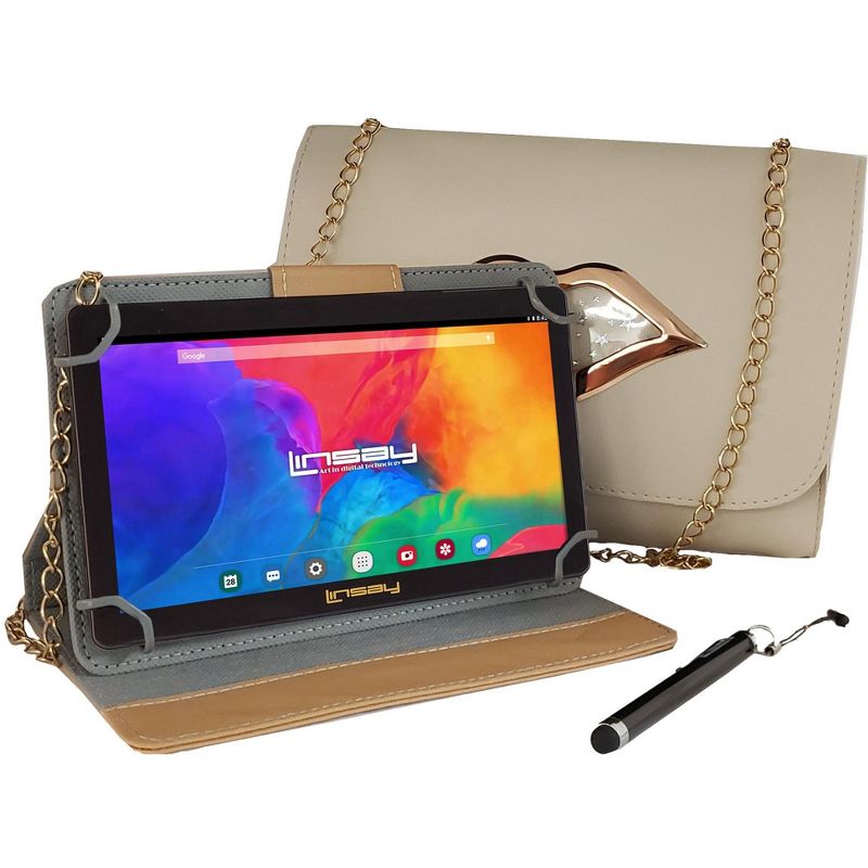 LINSAY 7" 2GB RAM 64GB STORAGE New Android 13 Tablet Bundle with Cream Protective PU leather Case, Fashion Kiss Handbag and Pen Stylus, 1 of 2