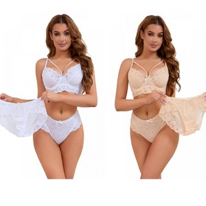 INSPIRE CHIC 2 Sets Women's Cross-Straps Bralette and Panty Mesh Floral Lace Bra and Underwear - 1 of 4