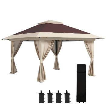 Outsunny 13' x 13' Pop Up Canopy, Gazebo Tent with Netting, Weight Bags, Adjustable Height & Wheeled Carry Bag, Brown