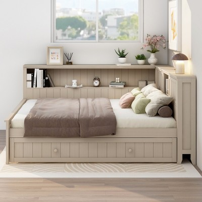 1 Full Wood Daybed Frame, Solid Pine Storage Bed with Shelves and Twin Trundle, Farmhouse Style  - Baofuwish