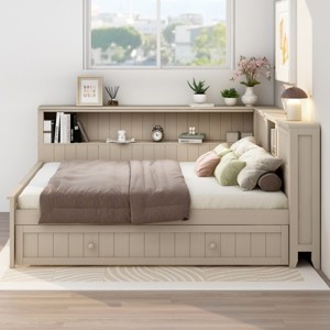 1 Full Wood Daybed Frame, Solid Pine Storage Bed with Shelves and Twin Trundle, Farmhouse Style  - Baofuwish - 1 of 4