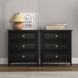 Resenkos 3-Drawer Wood Rectangle Nightstand Set of 2 Bedside Table Living Room Small Dresser, 20" Tall, Black - 1 of 4