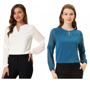 Allegra K Women's Chiffon Semi Sheer Keyhole Neck Elegant Work Blouse 2 Packs - 1 of 4