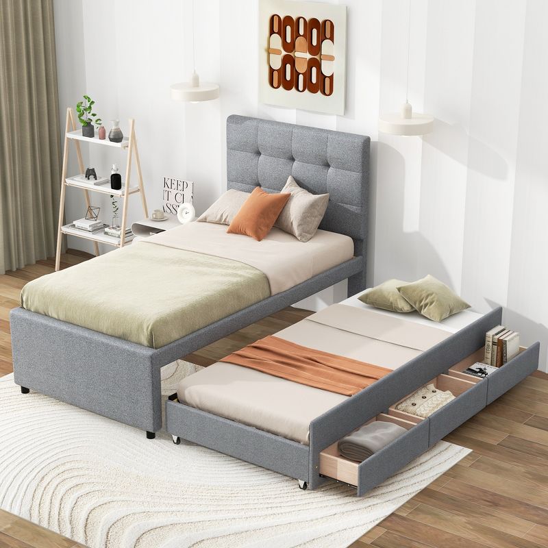 Upholstered Platform Bed with Pull-out Twin Size Trundle Bed and 3 Drawers-ModernLuxe, 1 of 13