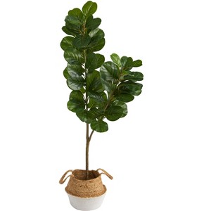 Nearly Natural 4.5-ft Fiddle Leaf Fig Artificial Tree with Boho Chic Handmade Cotton & Jute White Woven Planter - 1 of 4