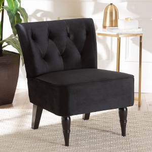 Harmon Velvet Fabric Upholstered and Wood Accent Chair Black/Walnut Brown - Baxton Studio - 1 of 4