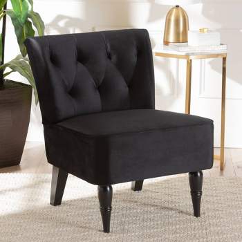 Harmon Velvet Fabric Upholstered and Wood Accent Chair Black/Walnut Brown - Baxton Studio