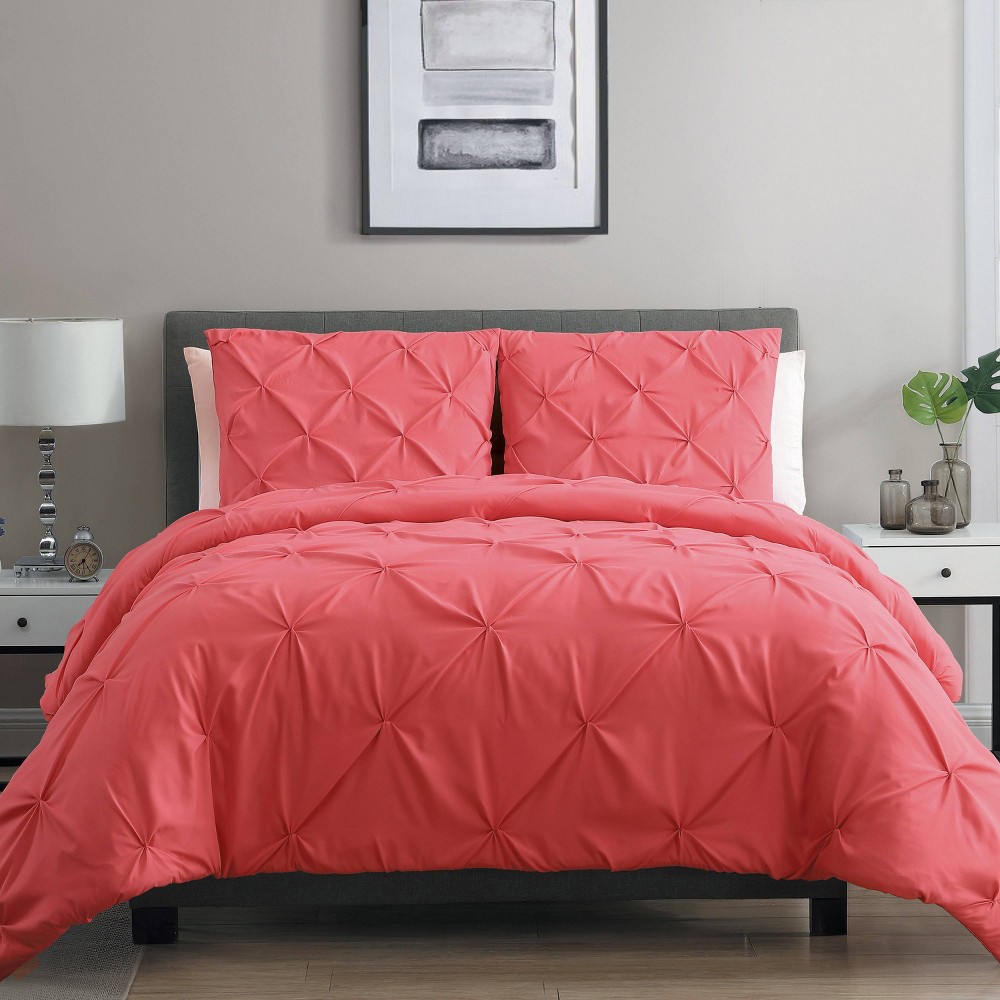 Photos - Bed Linen VCNY 4pc Queen Carmen Duvet Set Coral: Hypoallergenic Microfiber, Pin-Tuck