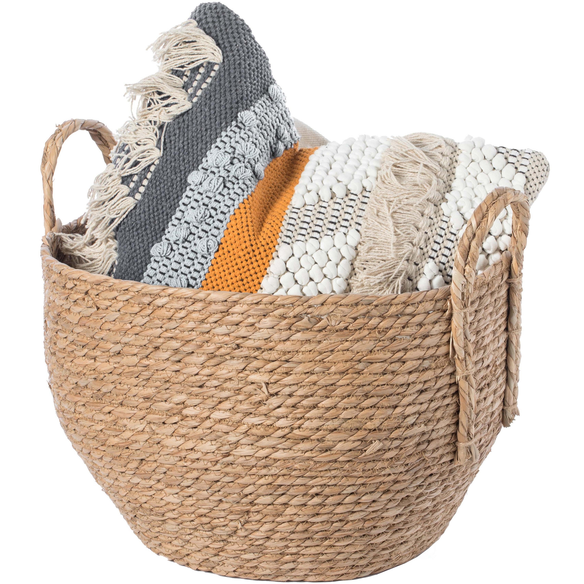 LARGE: Vintiquewise Decorative Round Wicker Woven Rope Storage Blanket Basket with Braided Handles - Large