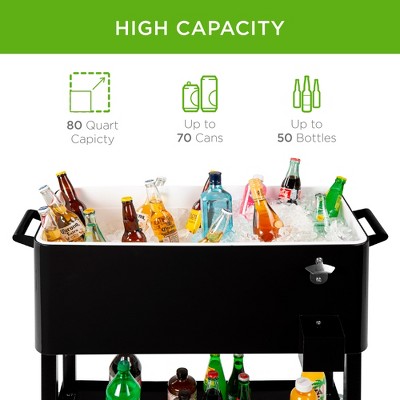 Black Steel Rolling Cooler Cart with Bottle Opener and Storage Shelf