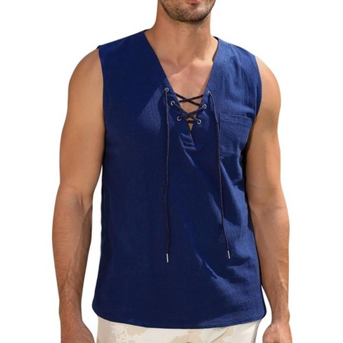  Men's Linen Tank Top Shirts Casual Sleeveless Lace Up
