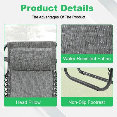 Gray Foldable Zero Gravity Outdoor Lounge Chairs with Cushions, Set of 2