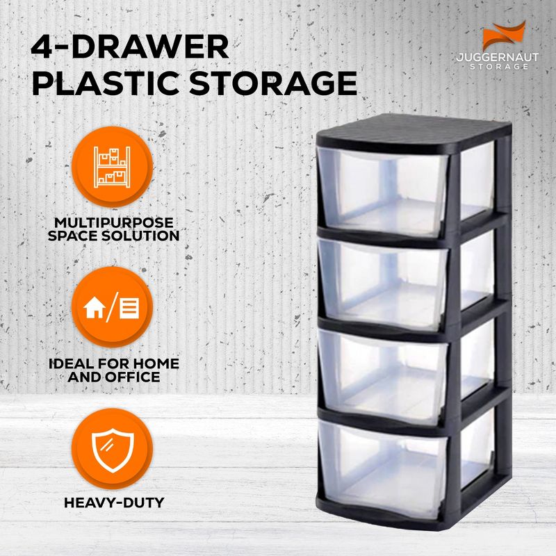 Juggernaut Storage Clear Plastic 4 Drawer Home Organization Storage Container Tower with 4 Large Pull Out Drawers, Black Frame, 2 of 7