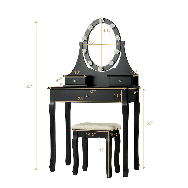 Costway Bedroom Vanity Set Makeup Dressing Table w/3 Drawers 10 LED Bulb Black, 2 of 11