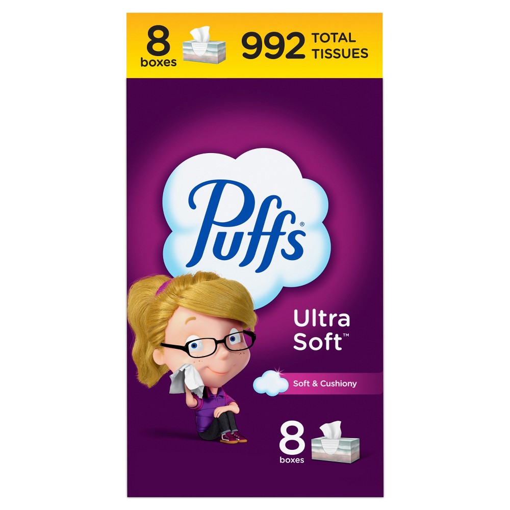 Puffs Ultra Soft Facial Tissue - 8pk/992ct: Rectangle, 2-Ply, 124 Sheets Per Box