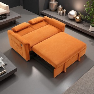 55" Velvet 2-Seater Pull-Out Sofa Bed with USB & Side Pockets - 1 of 4