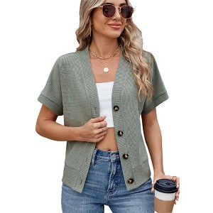 Womens Summer Tops Waffleknit Button Down Shirts Casual V Neck Short Sleeve Shacket Jacket Dressy Blouses - 1 of 4