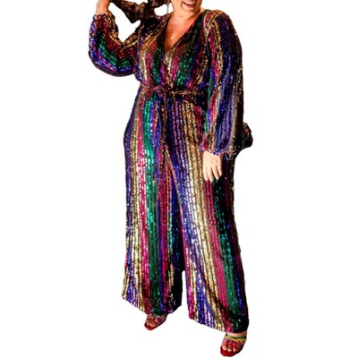 ELOQUII Women's Plus Size Multicolor Stripe Sequin Jumpsuit