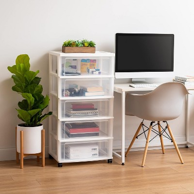 White Clear 5-Drawer Plastic Storage Organizer with Wheels