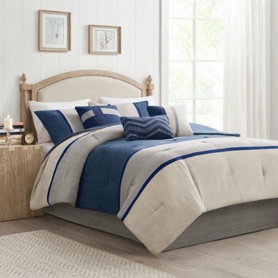Lyngins 7-Piece Faux Suede Comforter Set – Colorblock Design, Hypoallergenic, Includes Shams, Pillows & Bed Skirt, Bedding Set for Cabin/Lodge Decor