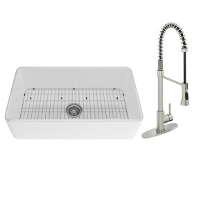 33'' Rectangular Single Bowl Fireclay Farmhouse Apron Kitchen Sink with Faucet, Glossy White - 1 of 4