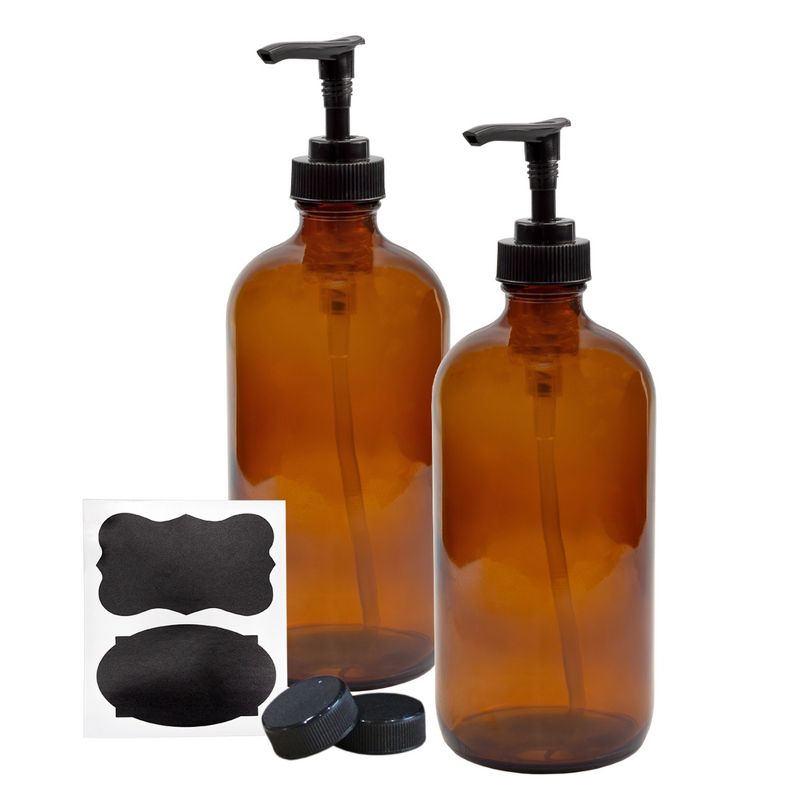 Cornucopia Brands 16oz Amber Glass Bottles w/ Pump Dispensers 2pk; Lotion Liquid Soap Pump Brown Bottles, 1 of 9