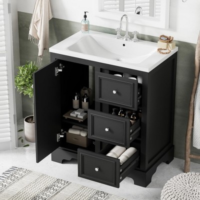 NicBex 29.9" Bathroom Vanity with Sink, Bathroom Cabinet Storage, 1 Soft Closing Cabinet Doors with Adjustable Shelf, 3 Drawers for Bathroom, Black