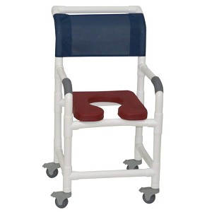 MJM International Corporation Shower Chair 18 In Width 3 In Total Locking Casters Burgandy Front Seat Blue Designer Mesh Backrest Sling 300 Lbs Wt - 1 of 1