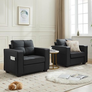 TYBOATLE Faux Leather Tufted Single Sofa set of 2, Modern Office Reading Chair, Upholstered Armchair with Wood Legs for Reading/Living Room, Black - 1 of 4