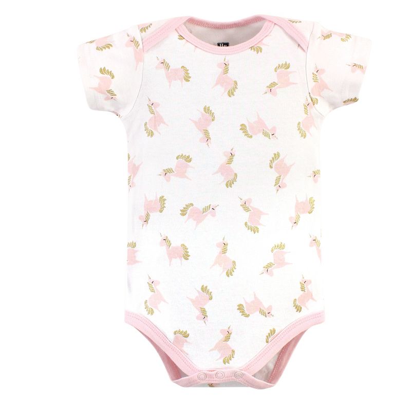 Hudson Baby Infant Girl Cotton Bodysuits 5pk, Gold/Pink Unicorn, 6 of 8