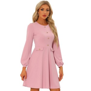 Allegra K Women's Round Neck Work Office Button Decor Long Sleeve A Line Dress - 1 of 4