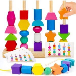 Wooden Beads Sequencing Toy Set with Stacking Blocks and Lacing, STEM Activity for Ages 2-4 - 1 of 4