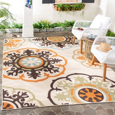 Cream and Terracotta Floral Indoor/Outdoor Washable Rug, 6'7" x 9'6"