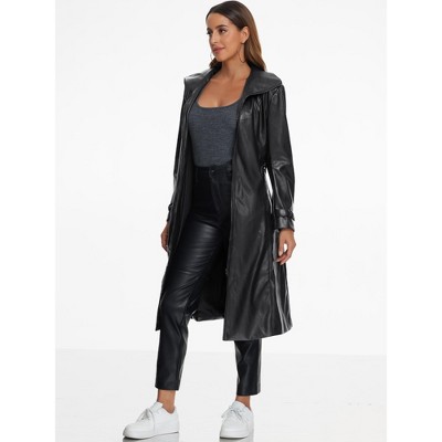 INSPIRE CHIC Women's Faux Leather Lapel Long Sleeve Zip Casual Long Coat Black Medium — фото 4