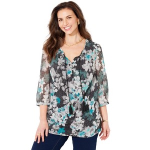 Catherines Women's Plus Size Ruffle Neck Peasant Blouse - 1 of 4