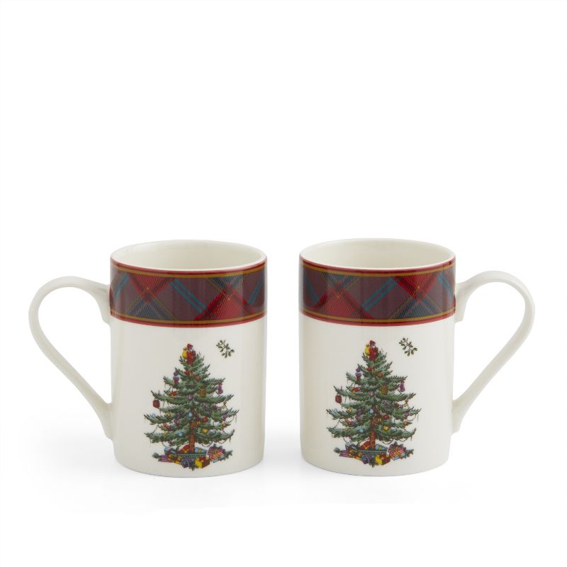 Spode Christmas Tree Tartan Set of 2 Mugs & Tray - 10 oz. mugs / 8" tray, 3 of 7