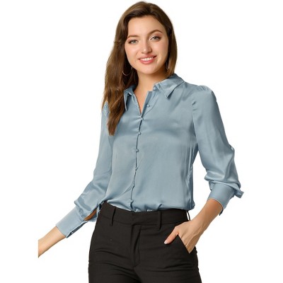 INSPIRE CHIC Women's Puff Long Sleeve Point Collar Vintage Button Work Satin Shirt